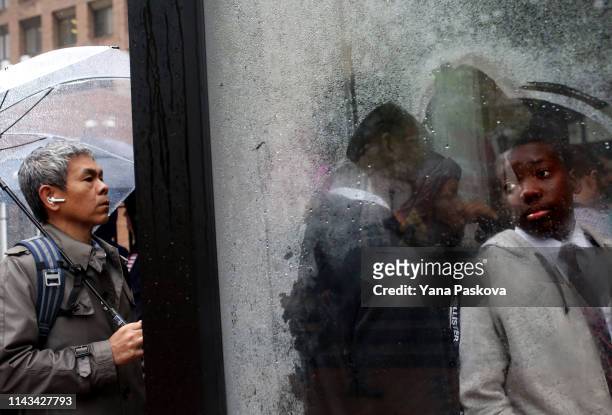 Line of people awaits entry to the trial of Officer Daniel Pantaleo at One Police Plaza on May 13, 2019 in New York City. Officer Pantaleo faces...