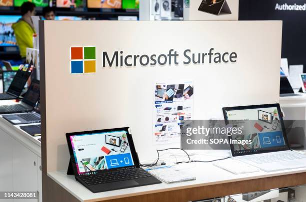 American multinational technology company Microsoft laptops seen in a shopping mall in Hong Kong.