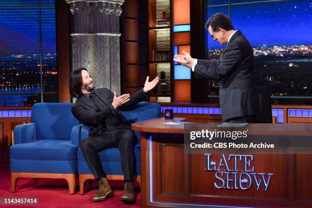 The Late Show with Stephen Colbert and guest Keanu Reeves during Friday's May 10, 2019 show.