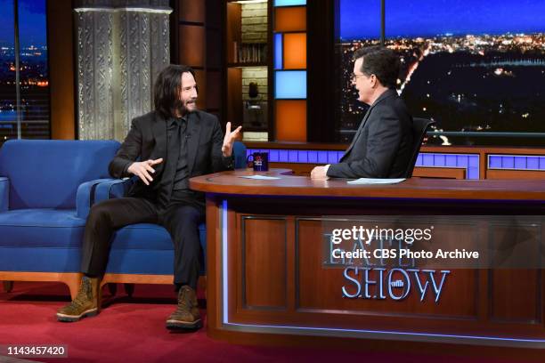 The Late Show with Stephen Colbert and guest Keanu Reeves during Friday's May 10, 2019 show.