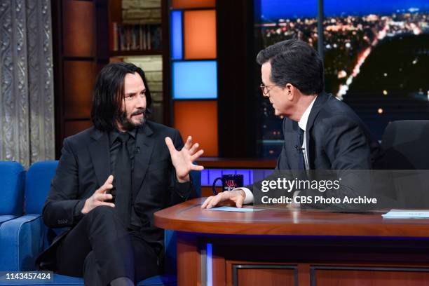 The Late Show with Stephen Colbert and guest Keanu Reeves during Friday's May 10, 2019 show.