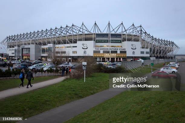 An exterior view of the ground before Derby County played Stoke City in an EFL Championship match at Pride Park Stadium. Opened in 1997, it is the...