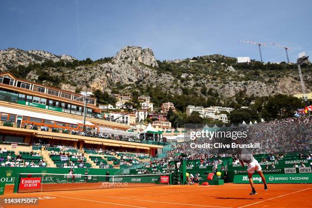 Stefanos Tsitsipas of Greece serves against Daniil Medvedev of Russia in their third round match during day five of the Rolex Monte-Carlo Masters at...