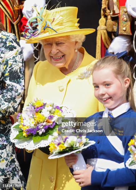 Queen Elizabeth II attends the traditional Royal Maundy Service at St George's Chapel on April 18, 2019 in Windsor, England.