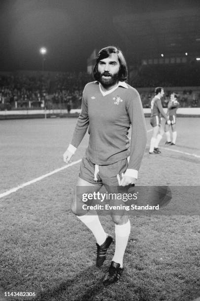 Northern Irish soccer player George Best in a Chelsea uniform during a testimonial match for striker Peter Osgood, London, UK, 25th November 1975.