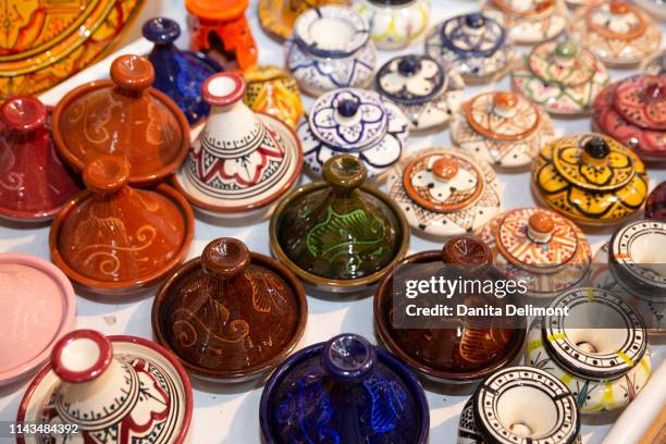 colorful ceramic tagines or tajines, fez, morocco - ceramics fez stock-fotos und bilder