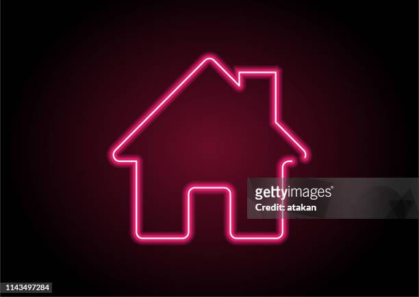 red home icon neon light on black wall - domestic life stock illustrations