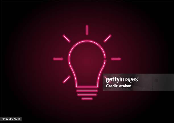 illustrazioni stock, clip art, cartoni animati e icone di tendenza di icona lampadina rossa neon light su parete nera - neon light icon