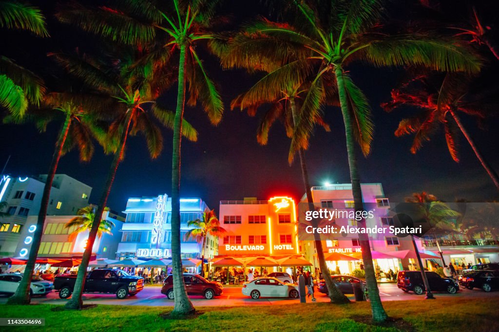 Ocean Drive and Art Deco District in South Beach, Miami at night, Florida, USA