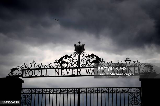 The Shankly Gates with 'You'll never walk alone' written on top are seen before the Premier League match between Liverpool FC and Chelsea FC at...