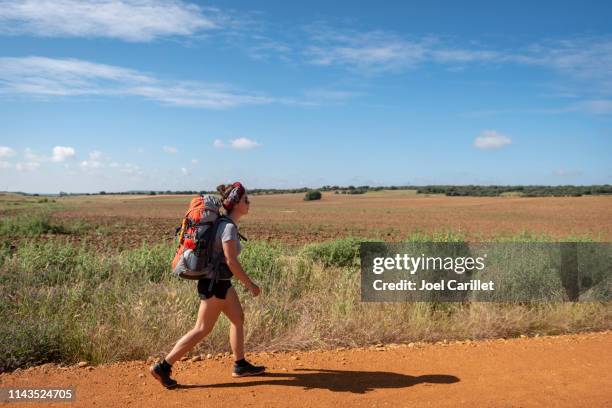 pilger zu fuß auf dem camino de santiago bei astorga, spanien - camino de santiago stock-fotos und bilder