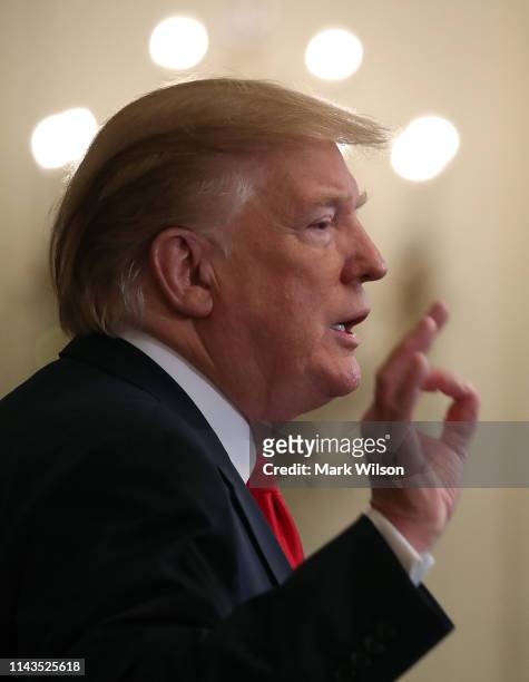President Donald Trump speaks during an event recognizing the Wounded Warrior Project Soldier Ride in the East Room of the White House, April 18,...