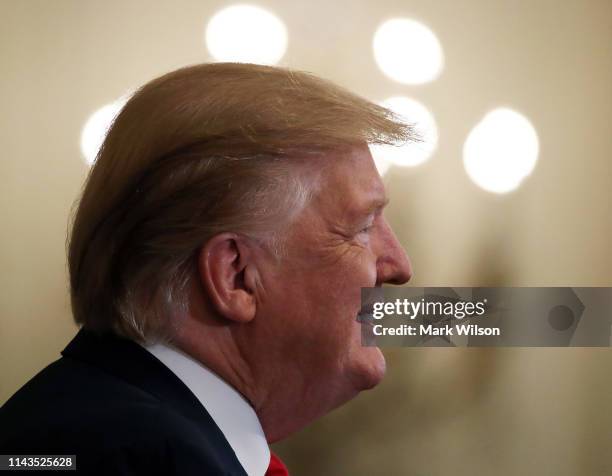 President Donald Trump speaks during an event recognizing the Wounded Warrior Project Soldier Ride in the East Room of the White House, April 18,...