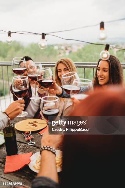 amici che fanno un brindisi celebrativo durante la cena sul tetto di casa - rooftop dining foto e immagini stock