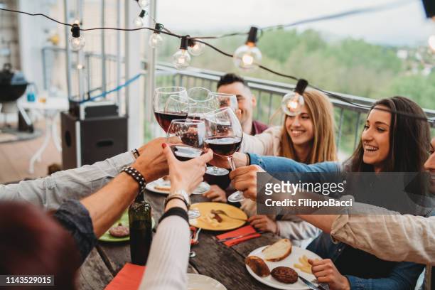 amici che fanno un brindisi celebrativo durante la cena sul tetto di casa - rooftop dining foto e immagini stock