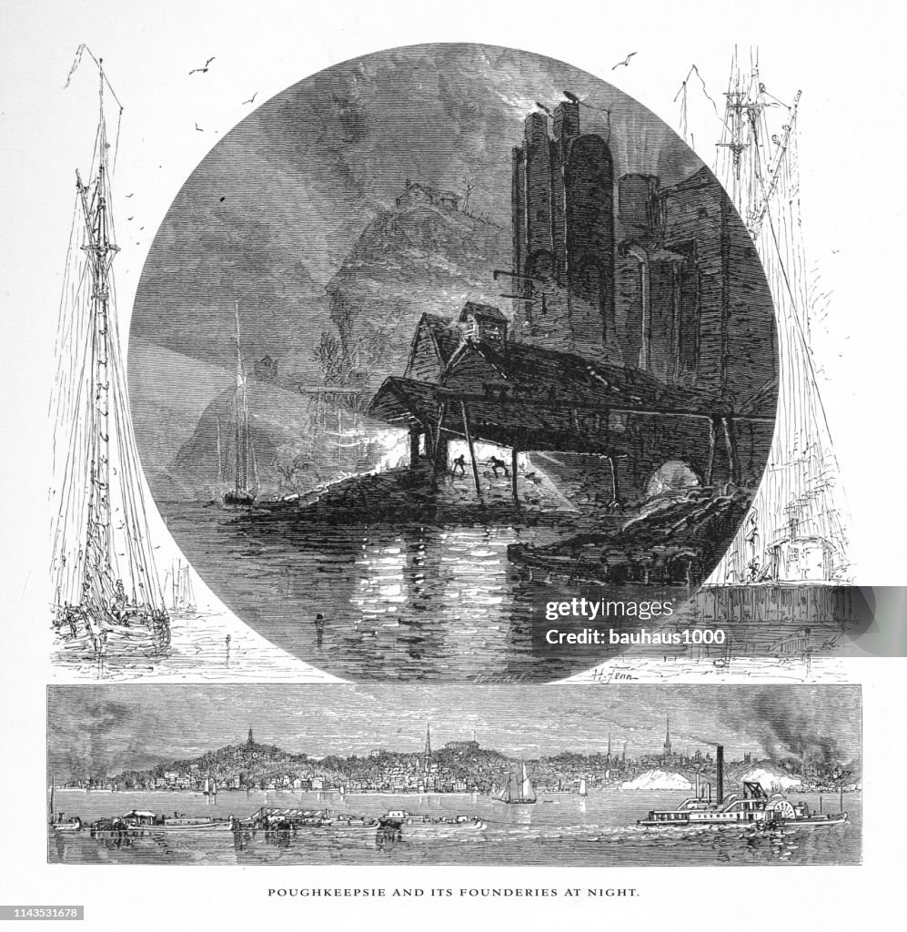 Poughkeepsie and Foundries, New York, United States, American Victorian Engraving, 1872