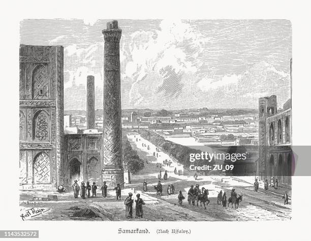 historical view of samarkand, uzbekistan, wood engraving, published in 1897 - silk road aerial stock illustrations