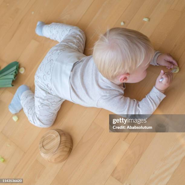 blond caucasian boy of 14 months playing with leek, europe - bamboo flooring stock pictures, royalty-free photos & images