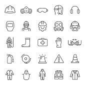 Protection and safety in the workplace, icon set. work area safety, linear icons. Notification and warning of danger. Editable stroke