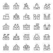 Castles of different shapes, icon set. Castle, linear icons. Editable stroke