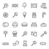 Candy, confectionery,linear icon set. Confections, sweets, sweet pastries. Editable stroke