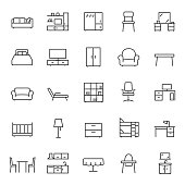Furniture, icon set. Home interior, linear icons. Piece of furniture for the living room, bedroom, office, workplace, children's room and kitchen.Editable stroke