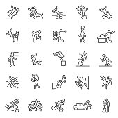 Accident, icon set. Falls, blows, car accidents, injury, etc. People pictogram. Editable stroke