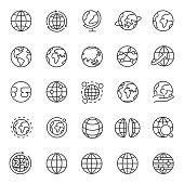 Globe, icon set. Planet Earth, world map in different variations, linear icons. Editable stroke