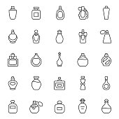 Perfume bottles, icon set. Eau de toilette. Packaging of various shapes, linear icons. Editable stroke