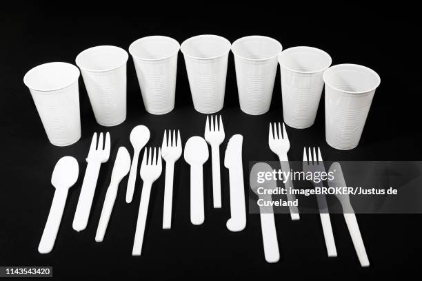 white plastic cutlery, plastic knife, plastic forks, plastic spoon, plastic cup, plastic garbage, germany - plastic cutlery stock pictures, royalty-free photos & images