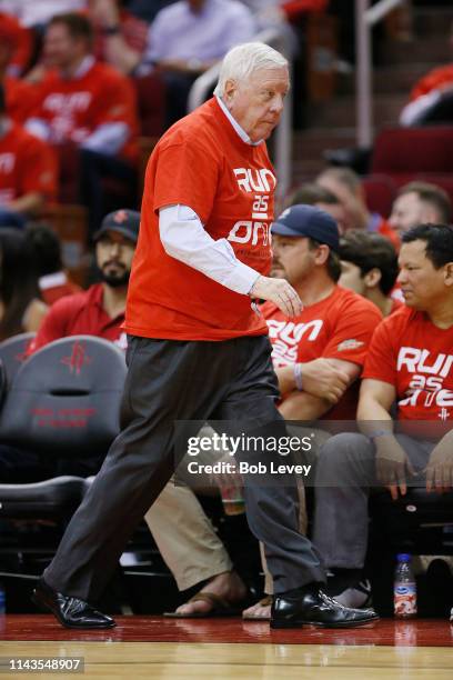 Kinder Morgan co-founder Richard Kinder during Game Two of the first round of the 2019 NBA Western Conference Playoffs between the Houston Rockets...