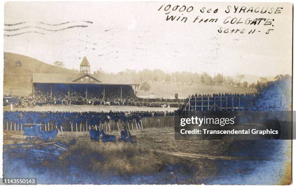 Real photo postcard of a collegiate baseball game between Syracuse and Colgate watched by '10,000' spectators, Syracuse, New York, October 1905.