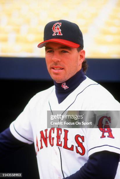 Jim Edmonds of the California Angels poses for this portrait during Major League Baseball spring training circa 1995 at Tempe Diablo Stadium in...