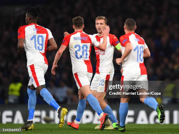 Tomas Soucek of SK Slavia Praha celebrates with teammates after scoring his team's first goal during the UEFA Europa League Quarter Final Second Leg...