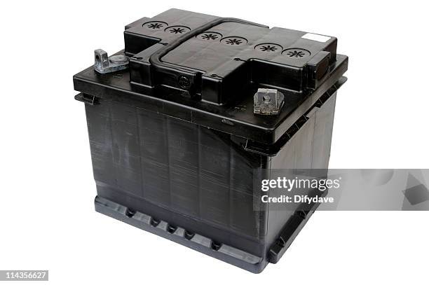 black car battery, isoliert auf weiss - autobatterie stock-fotos und bilder