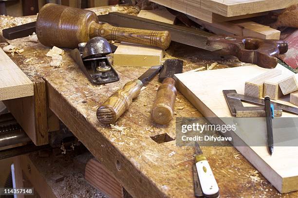 carpenter's bench and tools - mallet hand tool stock pictures, royalty-free photos & images