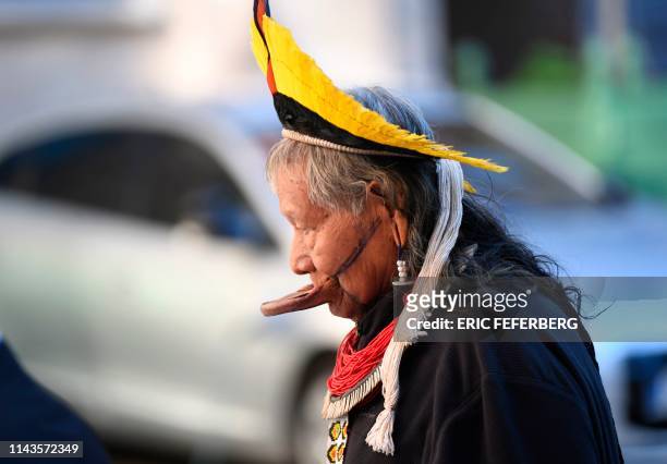 Brazil's indigenous chief Raoni Metuktire arrives prior a meeting with French Minister for the Ecological and Inclusive Transition in Paris on May...