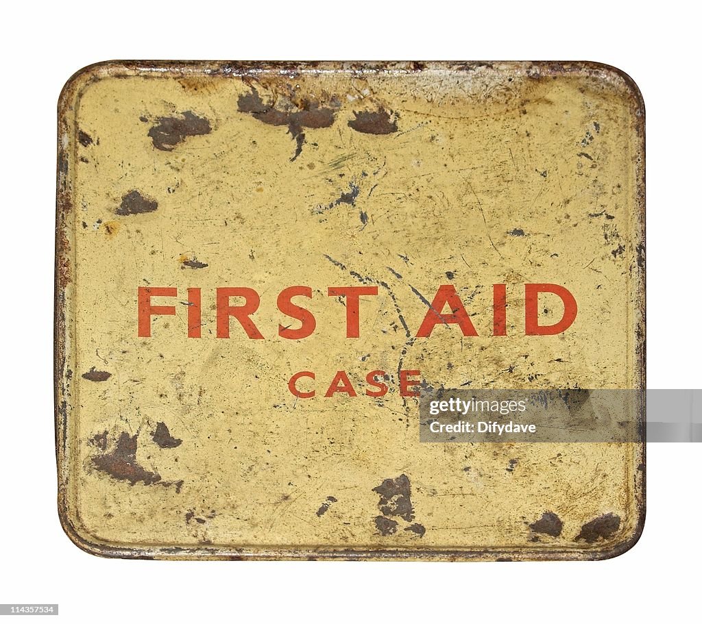 Worn And Dented Old First Aid Tin Front