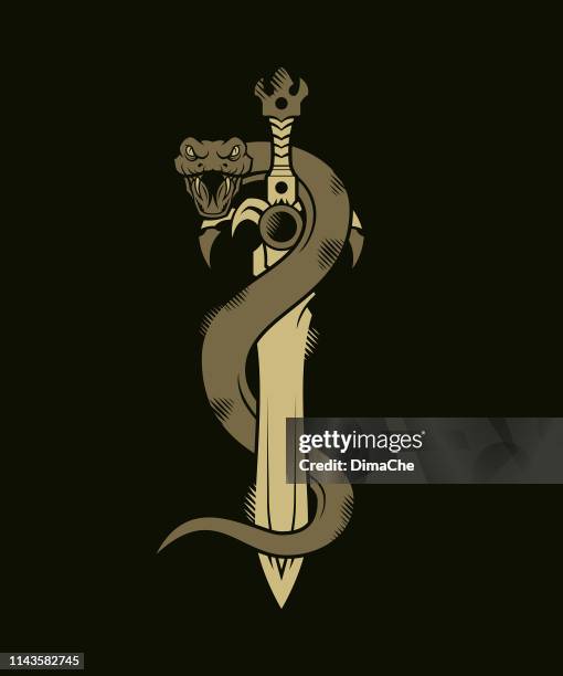 snake silhouette wrapped around sword or dagger on dark background - snake stock illustrations