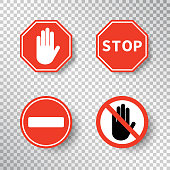 Stop sign and no entry hand symbol set isolated on transparent background. Red road signs. Traffic regulatory warning stop symbol. Notify template for apps and websites. Vector illustration