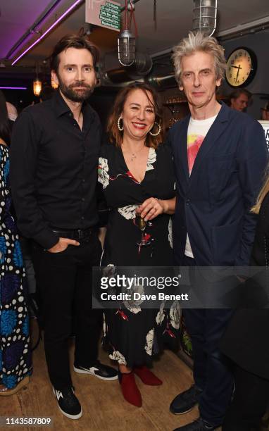 David Tennant, Arabella Weir and Peter Capaldi attend the press night performance of "The Last Temptation Of Boris Johnson" at The Park Theatre on...