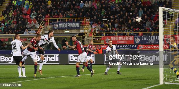 Lyanco of Bologna Lyanco scores his team's third goal during the Serie A match between Bologna FC and Parma Calcio at Stadio Renato Dall'Ara on May...
