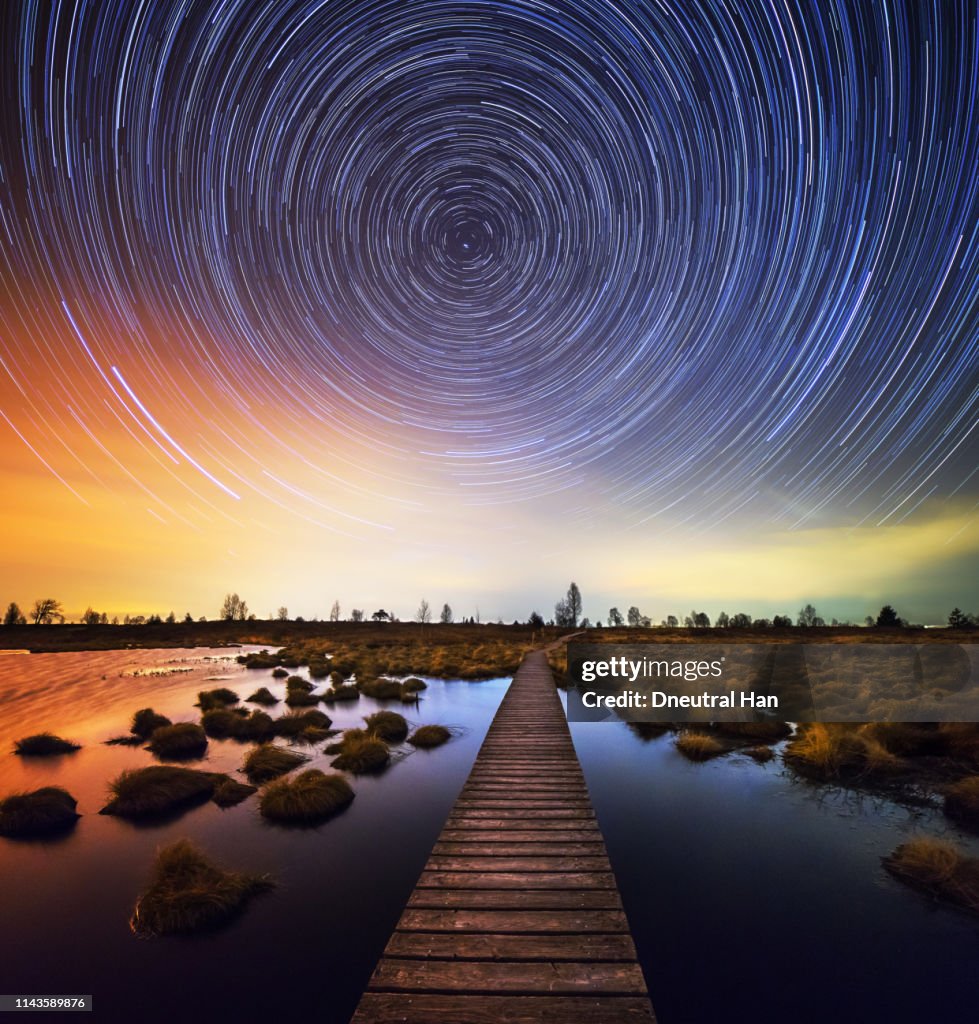 Star trails over High Fens (Hohes Venn) nature reserve