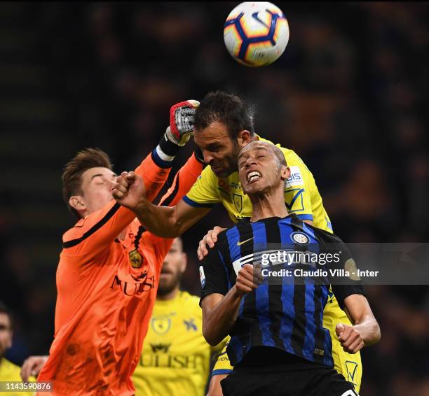 Joao Miranda de Souza Filho of FC Internazionale in action during the Serie A match between FC Internazionale and Chievo at Stadio Giuseppe Meazza on...