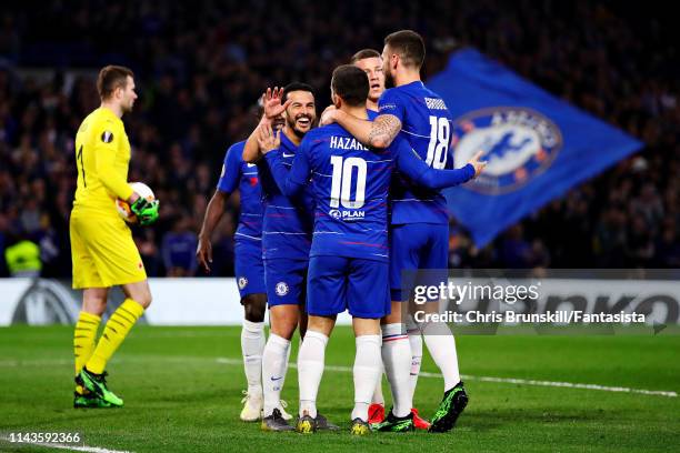 Pedro of Chelsea celebrates scoring the opening goal during the UEFA Europa League Quarter Final Second Leg match between Chelsea and Slavia Praha at...