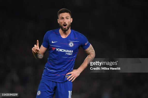 Olivier Giroud of Chelsea signals during the UEFA Europa League Quarter Final Second Leg match between Chelsea and Slavia Praha at Stamford Bridge on...