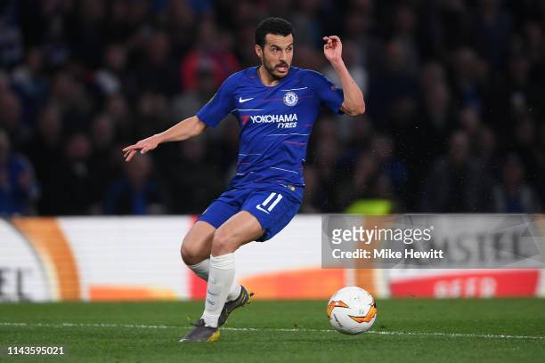 Pedro of Chelsea in action during the UEFA Europa League Quarter Final Second Leg match between Chelsea and Slavia Praha at Stamford Bridge on April...