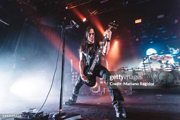 John Moyer from the band Disturbed performs on stage on April 18, 2019 in Madrid, Spain.
