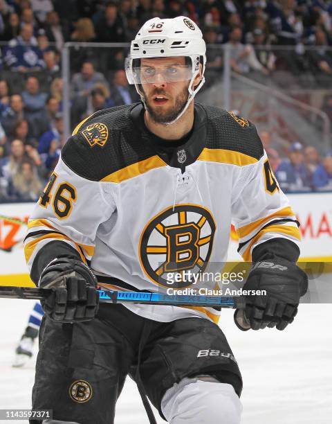 David Krejci of the Boston Bruins skates against the Toronto Maple Leafs in Game Four of the Eastern Conference First Round during the 2019 NHL...