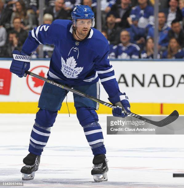 Ron Hainsey of the Toronto Maple Leafs waits for a faceoff against the Boston Bruins in Game Four of the Eastern Conference First Round during the...